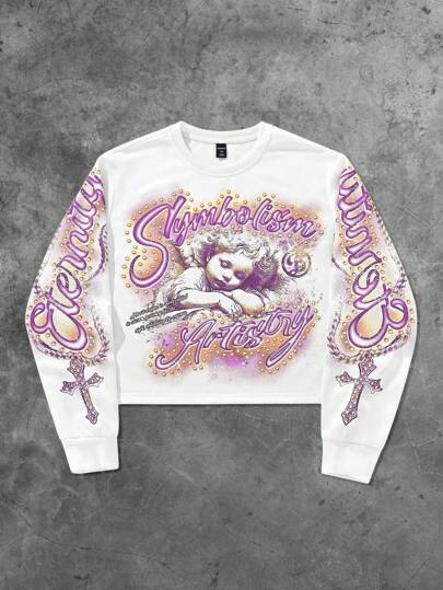 Goth Sudadera corta casual de hombre con estampado de letra de ángel y cruz, para otoño