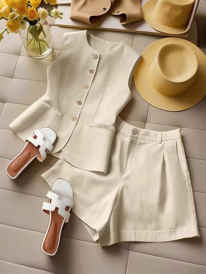 Franclia Women's Sleeveless Cardigan Comfortable Vacation 2 Pieces Set Clothes For University