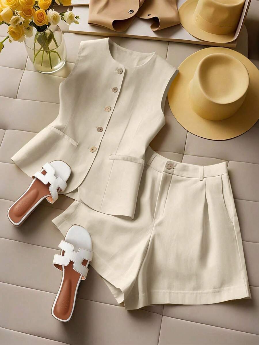 Franclia Bộ đồ 2 món áo khoác cardigan không tay thoải mái cho kỳ nghỉ đại học dành cho nữ - Màu be - Xem 1