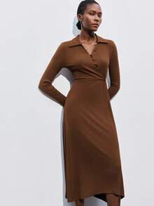 Maija Vestido de manga larga con dobladillo asimétrico color caramelo, otoño 2025, tonos de marrón, elegante, atuendo moderno urbano para oficina, fiesta de Navidad, Acción de Gracias y citas para mujeres - Café integral - Ver 6