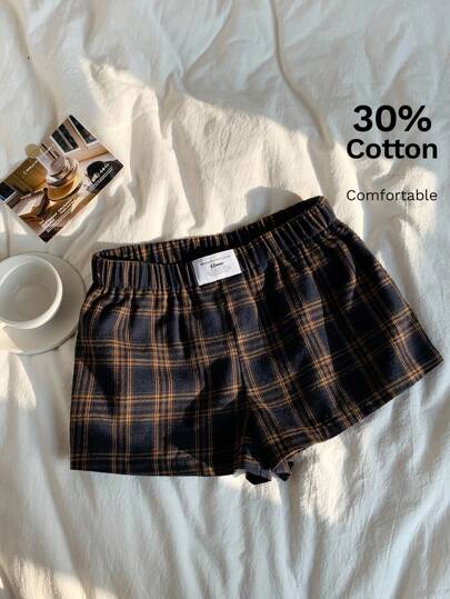 Comfortcana Retro Brown Plaid Plus Size Casual Shorts Plaid Shorts  In Autumn And Winter,Back To School