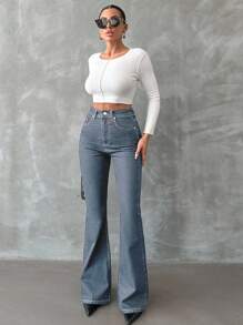 SHEIN Tall 98%Cotton Zip Front Skinny Flare Jeans TALL - Light Wash - View 5