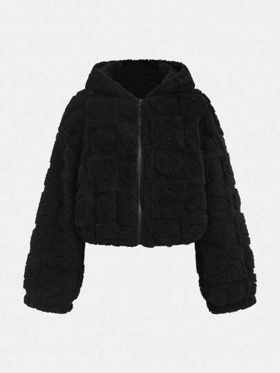 SHEIN Girlism Teen Girl's Black Stand Collar Casual Reversible Heart Fleece Jacket Girls Black Sherpa Jacket Black Sherpa Jacket With Hood Girls Plush Jacket Tween Black Jacket Girls Black Teddy Jacket,In Fall/Winter Black Plush Jacket Black Jacket For Kids Girls Black Jacket Black Sherpa Coat With Hood