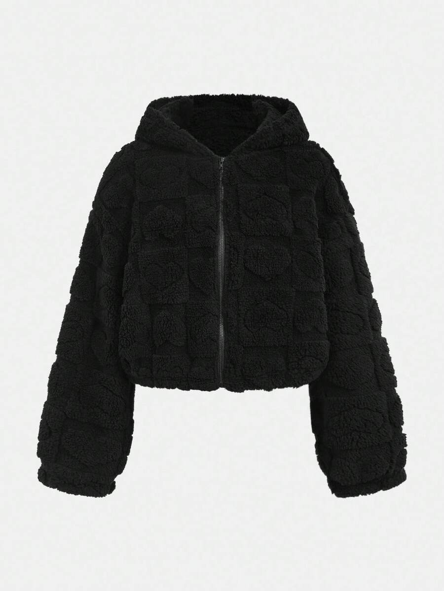 SHEIN Girlism Teen Girl's Black Stand Collar Casual Reversible Heart Fleece Jacket Girls Black Sherpa Jacket Black Sherpa Jacket With Hood Girls Plush Jacket Tween Black Jacket Girls Black Teddy Jacket,In Fall/Winter Black Plush Jacket Black Jacket For Kids Girls Black Jacket Black Sherpa Coat With Hood - Black - View 1