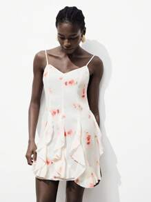 Lumivelle Women's Floral Print Chiffon Ruffle Strap Dress, Comfortable & Natural, Suitable For Vacation, Spring/Summer All White Summer Dress Clothes For University - White - View 6