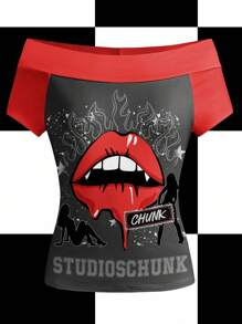 Studio Chunk Women's Off Shoulder Fitted Short Sleeve T-Shirt, Grey, Red, Color Block, Flame, Star, Splatter, Lips, Vampire, Silhouette, Sexy, Dark, Halloween, Hottie, Street Style, Y2K, Casual, Suitable For Autumn/Winter, Parties, Clubs, Daily Wear Punk Tops Clubbing Tops Basic Tops - Grey - View 3