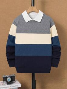 男童休闲撞色条纹针织圆领套头毛衣，秋冬季上衣 - 霧霾藍 - 查看 9