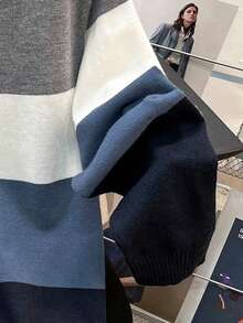 男童休闲撞色条纹针织圆领套头毛衣，秋冬季上衣 - 霧霾藍 - 查看 12