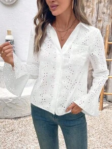 EMERY ROSE 女士白色镂空刺绣长袖休闲衬衫 - 白色 - 查看 1