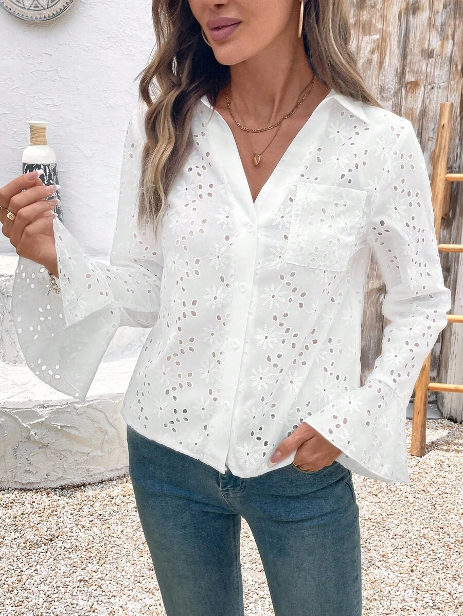 EMERY ROSE 女士白色镂空刺绣长袖休闲衬衫 - 白色 - 查看 1