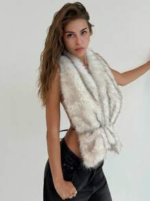 Aloruh 全新秋季毛茸茸短款背心 Y2K 风格系腰仿皮草夹克上衣 - 杏色 - 查看 7