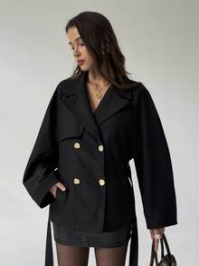Aloruh Áo khoác Trench ngắn phong cách Anh đa năng màu đen mới, thiết kế eo trang trí hai hàng khuy, cổ ve áo lớn cho mùa thu/đông - màu đen - Xem 3