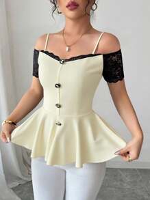 Elenzga 女士优雅蕾丝边露肩短袖休闲T恤，带装饰纽扣，腰部收紧，夏季 - 杏色 - 查看 5