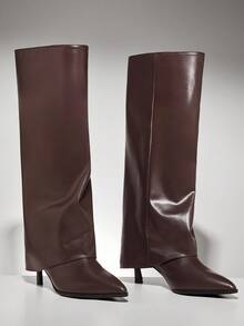 SHUZIA Botas altas hasta la rodilla de mujer con punta afilada, tacón de aguja y pliegue en la pantorrilla, de estilo sexy y a la moda - Marrón Chocolate - Ver 2