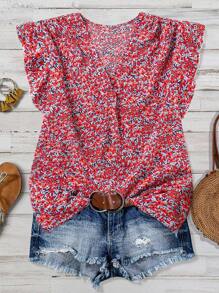 SHEIN Clasi Áo cánh tay bồng cổ chữ V họa tiết hoa nhỏ xinh dành cho nữ cỡ lớn - Nhiều màu - Xem 1