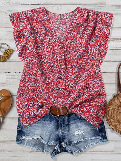 SHEIN Clasi Plus Size Women's Ditsy Floral V-Neck Flutter Sleeve Blouse Ditsy Floral Top