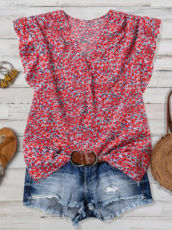 SHEIN Clasi Plus Size Women's Ditsy Floral V-Neck Flutter Sleeve Blouse Ditsy Floral Top