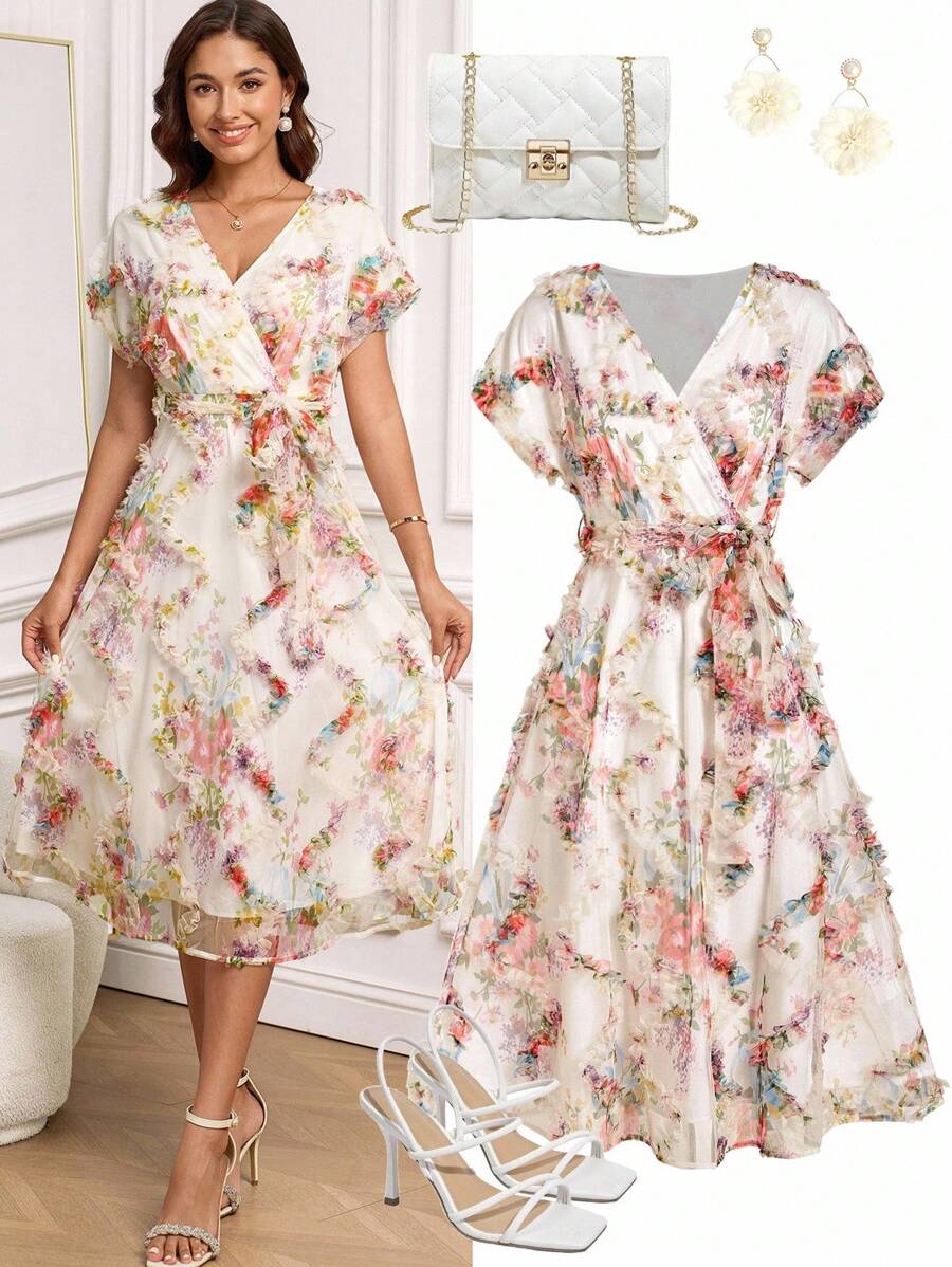 Ellevyn Vestido Longo Estampa Floral Decote em V Manga Curta Amarração na Cintura Evasê para Mulheres, Roupas de Verão para Mulheres, Roupas para Férias Femininas, Vestidos Românticos Femininos, Vestidos de Verão para Mulheres, Roupas de Verão Femininas, Vestidos de Verão para Mulheres, Roupas para Férias Femininas, Vestido para Chá da Tarde, Roupas para Férias Femininas, Vestidos de Verão para Mulheres