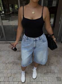 SHEIN EZwear Quần jean ống rộng giặt thường ngày mùa hè cỡ lớn - Màu xanh lam - Xem 7