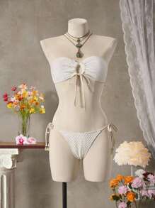 Bellisia Summer Beach Women's Strapless Textured Fabric Two-Piece Bikini Set - Beige - View 6