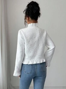 Elenzga 女式纯色纽扣装饰长袖荷叶边夹克 - 白色 - 查看 2