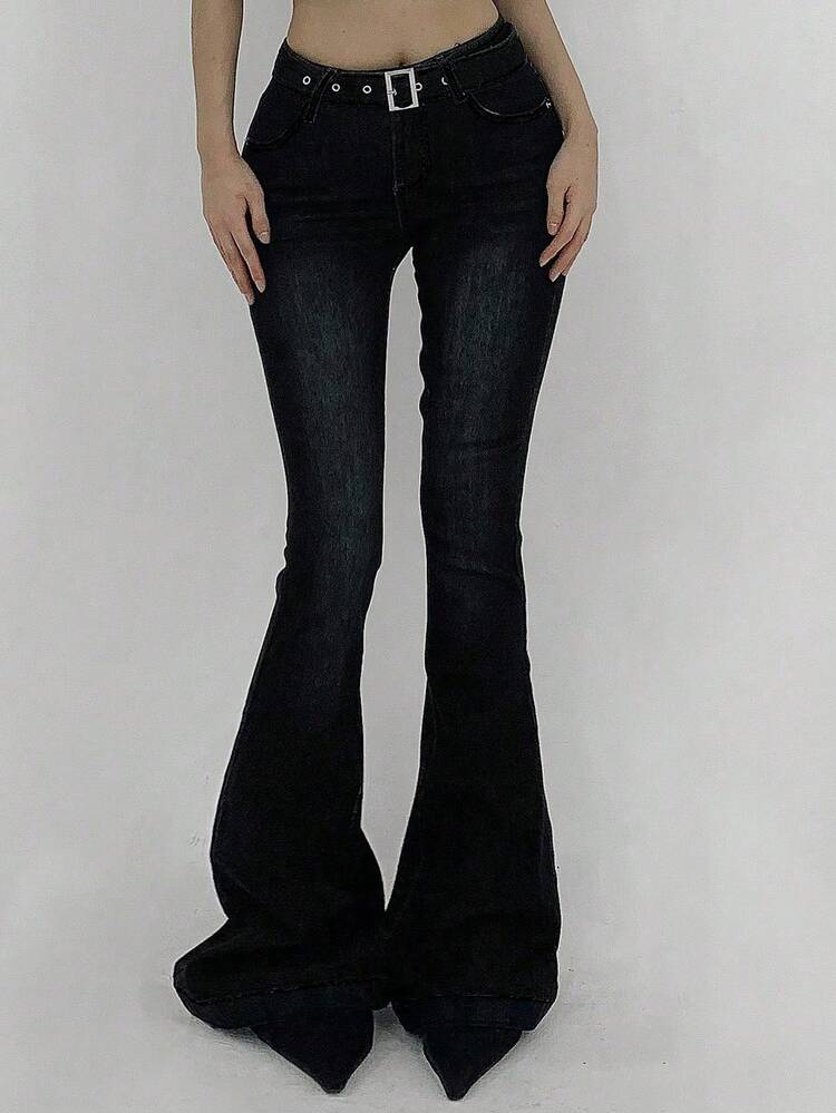 Women's Waist Belt Skinny Flare Leg Jeans Low Rise Jeans