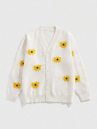 Street Life Men's Sunflower Floral Pattern Long Sleeve Single-Breasted Casual Knit Cardigan