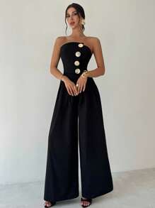 Firerie Women's Solid Color Off-The-Shoulder Metal Button Ruched Elegant Jumpsuit, Sexy Elegant Commuter Wide-Leg Pants, Spring/Summer Clothing, Commuting, Elegant, Sexy, Music Festivals, Romantic, Dating, Parties, Wedding Season, Graduation Outfit, Graduation Prom, Performance Costume, Concert, Work Attire - Black - View 3