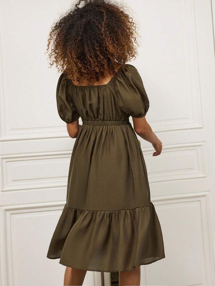 Olive Midi Dress With Puff Sleeves, Square Neckline And Button Front Back To School Dress Going Out Dress Spring Summer