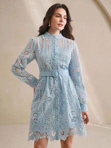 Anewsta Váy sơ mi xanh thêu laser thanh lịch - Xanh và trắng - Xem 5