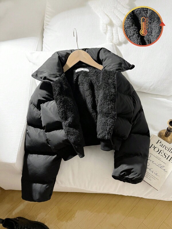 SHEIN Tween Girls Minimalist Comfortable Fashionable Oversized Cropped Length Stand Collar Padded Coat Girls Black Puffer Jacket Black Puffer Jacket For Kids Kids Black Puffer Coat Girls Black Winter Jacket Girls Cropped Puffer Jacket Fall