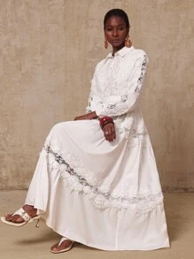 SHEIN Privé 女士撞色蕾丝领长裙 - 白色 - 查看 14