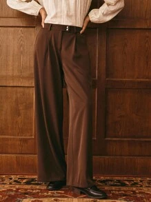 Poéselle Women's Elegant Espresso Brown High-Rise Tailored Wide-Leg Trousers,Pleated Office Dress Pants,Autumn Quiet Luxury Wardrobe,Slouchy Work Casual Pants - Brown - View 4