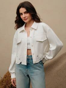 Anewsta Women's Short Embroidered Denim Jacket, Lightweight, Modern, White, Autumn/Winter - White - View 10