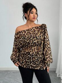 Elenzga Kemeja Kasual Motif Leopard Ukuran Besar dengan Bahu Asimetris, Musim Gugur/Musim Dingin - Coklat - View 7
