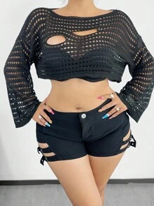 PUNK Suéter Ahuecado De Color Sólido De Talla Grande