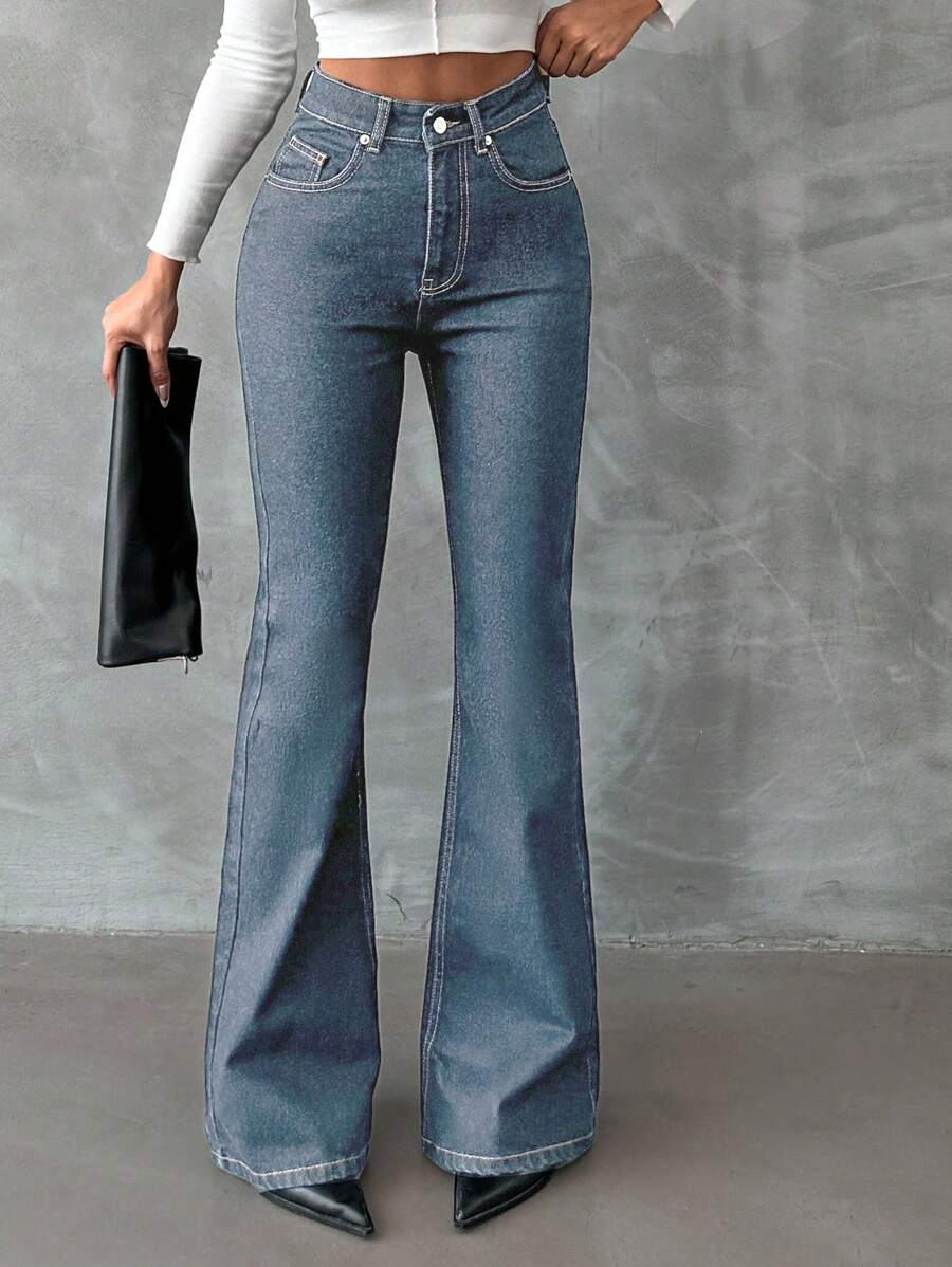 SHEIN Tall 98%Cotton Zip Front Skinny Flare Jeans TALL - Light Wash - View 1