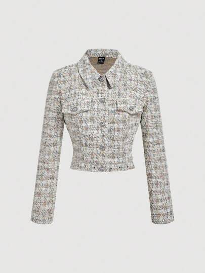 SHEIN MOD Chaqueta elegante de mujer con solapa de un solo pecho, manga larga y jacquard con rhinestones, atuendos para volver a la escuela, atuendos de maestro para mujeres, blusas lindas, blusas para salir, ropa de Halloween, ropa casual de negocios para mujer, atuendos de oficina para mujeres, ropa de otoño e invierno con estilo grunge para mujeres