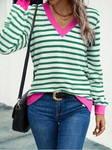 SHEIN LUNE New Fashion Women Colorblock Striped Print V-Neck Casual Pullover Sweatshirt Fall - Multicolor - View 4