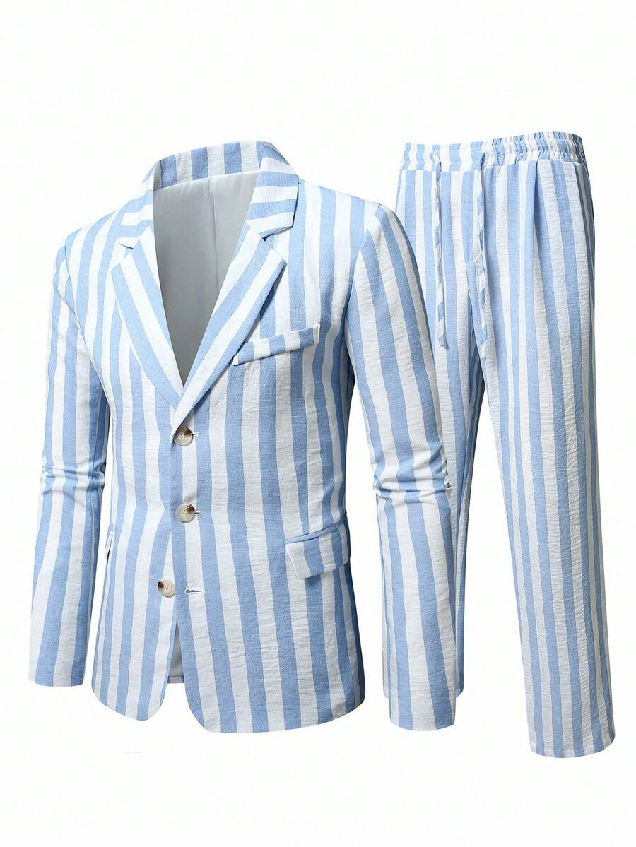 Calvornis Men's Striped Lapel Collar Single-Breasted Fashion Suit - Blue and White - View 1