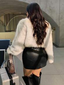 SHEIN X Phaith Montoya SHEIN EZwear Plus Size Women's Solid Long Sleeve Open Front Faux Fur Coat Faux Fur Shrug/Winter Fur Jacket