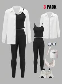 Conjunto casual simple de 3 piezas para niñas: Camiseta de tirantes negra, pantalones largos y conjunto de ropa con camisa blanca, conjunto de ropa de mujer, conjunto de ropa de 3 piezas