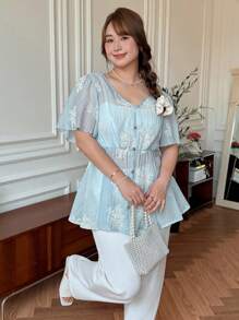 SHEIN LUNE 女士加大码V领花朵图案纽扣装饰荷叶袖衬衫，适合秋季、学校、乡村、复古风格，也适合教师穿着。 - 彩色 - 查看 3