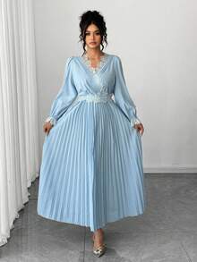 Elenzga Plus Size Women's Lace Patchwork V-Neck Puff Sleeve Pleated Hem Elegant Dress Fall Cloth For Women - Blue - View 1