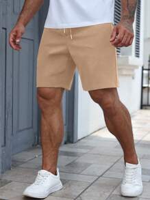 Manfinity RelaxMax Pantalones cortos sueltos de hombre de unicolor con cordón, de moda casual y versátil - Caqui - Ver 3