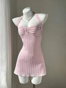 SHEIN Unity 女式夏季休闲时尚网眼面料前扣装饰吊带蝴蝶结迷你连衣裙 - 粉色 - 查看 7