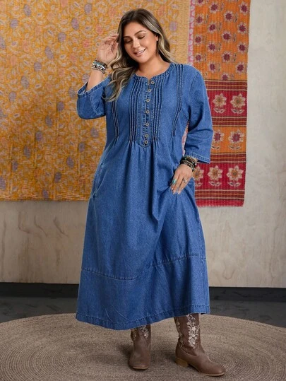 EMERY ROSE 大码女式夏季牛仔中长连衣裙，七分袖，松紧腰身，手工缝制纽扣