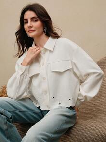 Anewsta Women's Short Embroidered Denim Jacket, Lightweight, Modern, White, Autumn/Winter - White - View 9