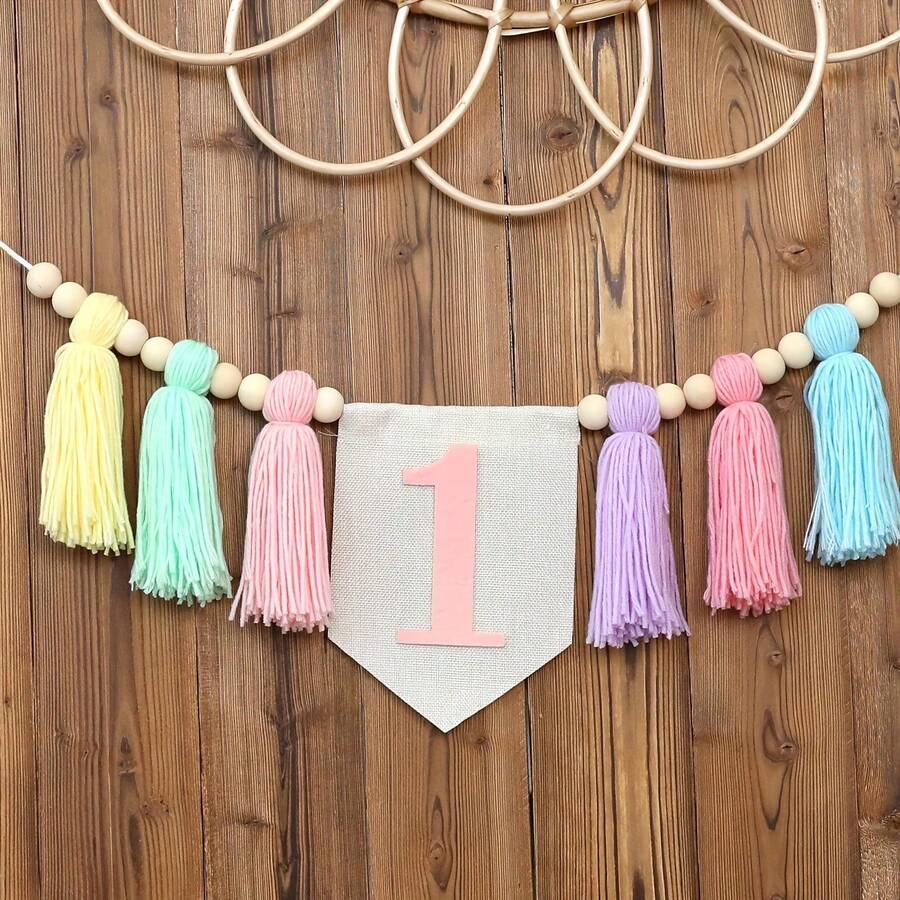 1st Birthday High Chair Banner, Tassel Floral Wreath, Boho Style Birthday Decoration, Macaron Colors Rainbow Tassel Garland, Back To School Valentine Day