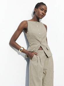 SHEIN Maija 2025 Autumn/Winter Striped Off-Shoulder Neck Front Button Up Blouse, Elegant Modern Casual For Commute, Party, Beach, Office Wear - Khaki - View 4